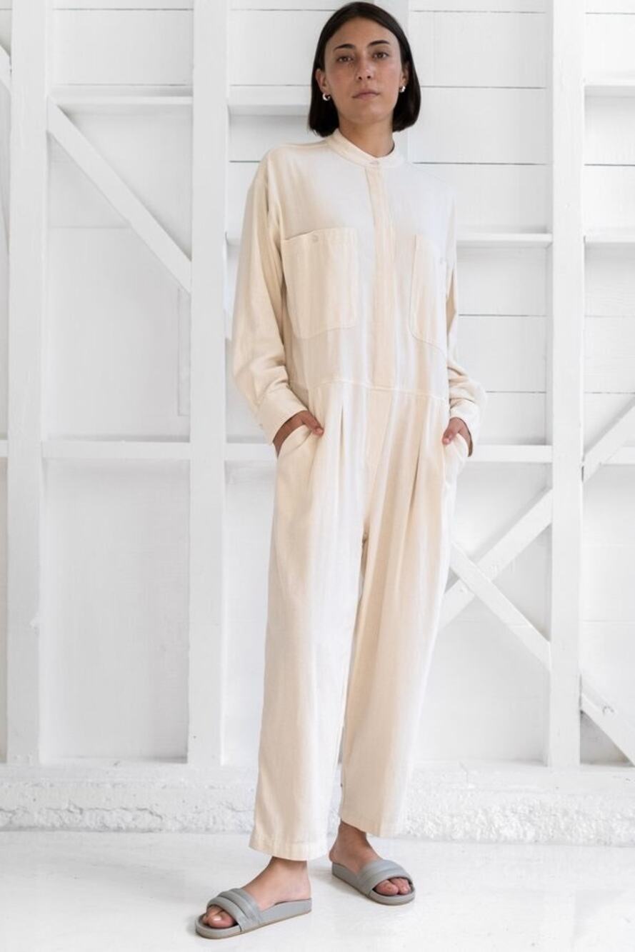 Black Crane Carpenter cotton Jumpsuit Made in USA size M in Cream